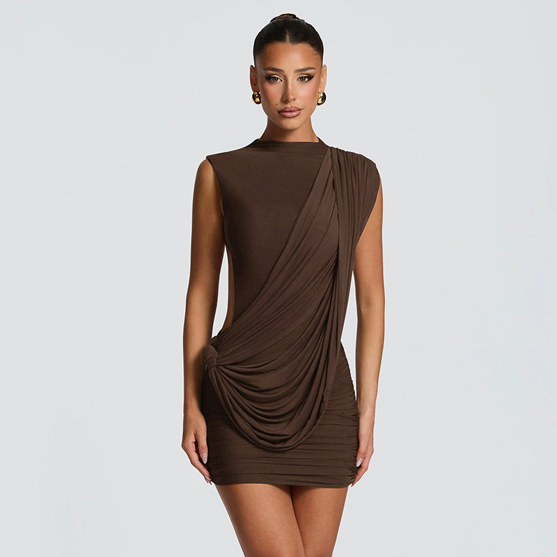 Damen figurbetontes Minikleid mit drapierter Schulterpartie und Raffungen Drune