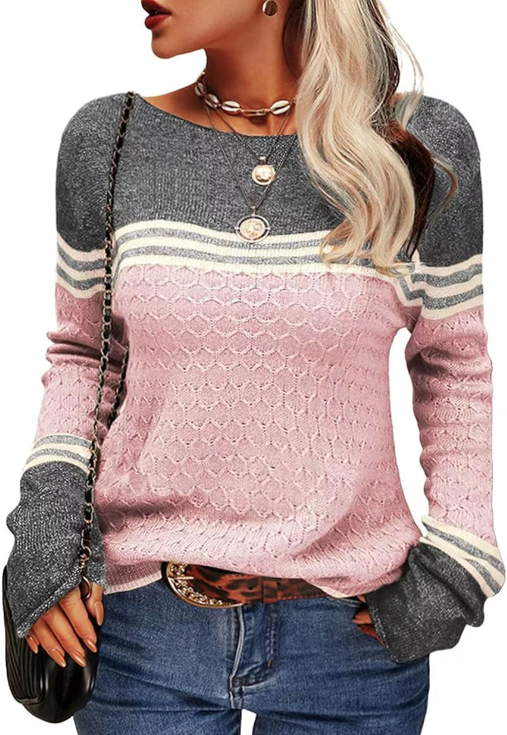 Damen lässiger Strickpullover mit kontrastierenden Farbblöcken und einzigartiger Textur Drune