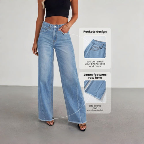 Damen Weite Denim-Hose mit rohem Saum und praktischen Taschen Drune