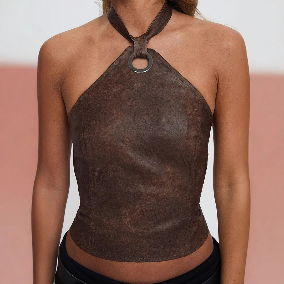 Damen Oberteil aus hochwertigem Kunstleder mit raffiniertem Halter-Design Drune