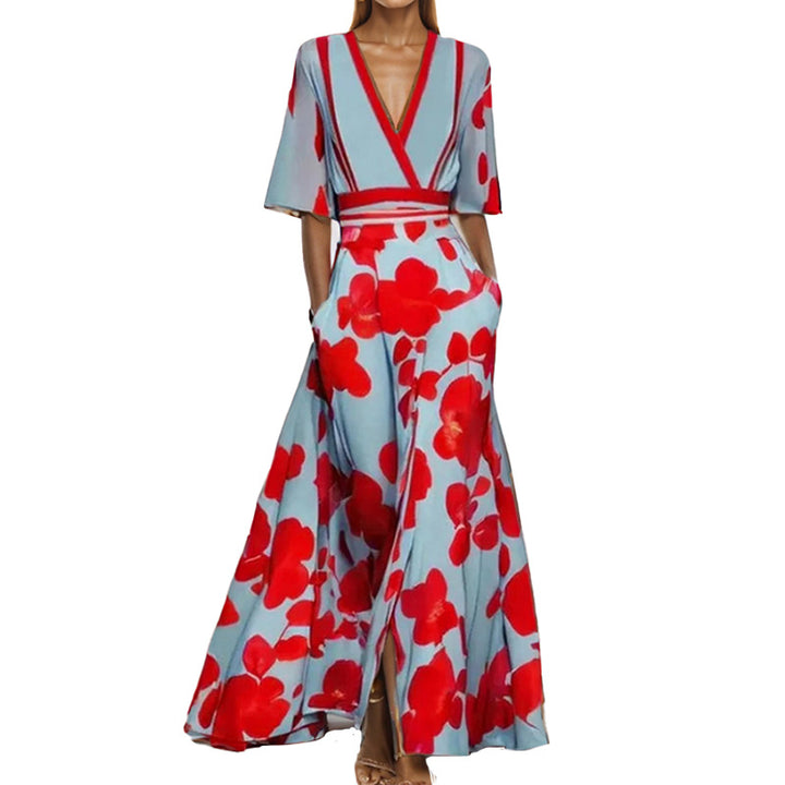 Damen Maxikleid mit buntem abstrakten Muster und V-Ausschnitt Drune