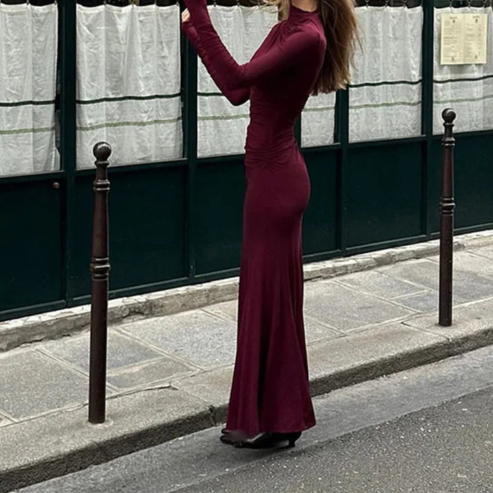 Damen Maxikleid mit langem Arm und raffiniertem Drapierungseffekt Drune