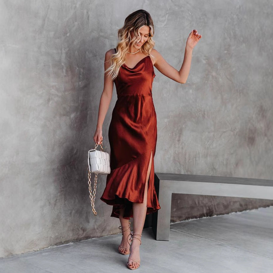 Damen Satin-Midikleid mit elegantem Wasserfall-Ausschnitt und schwingendem Saum Drune