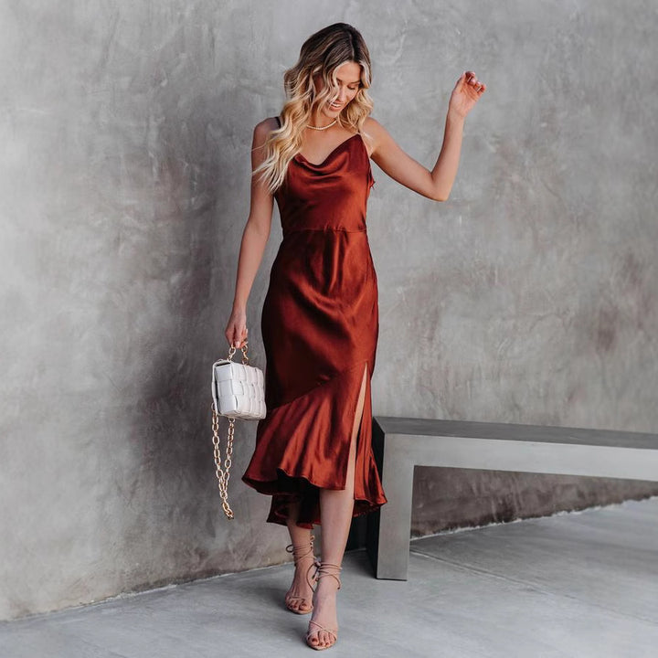 Damen Satin-Midikleid mit elegantem Wasserfall-Ausschnitt und schwingendem Saum Drune