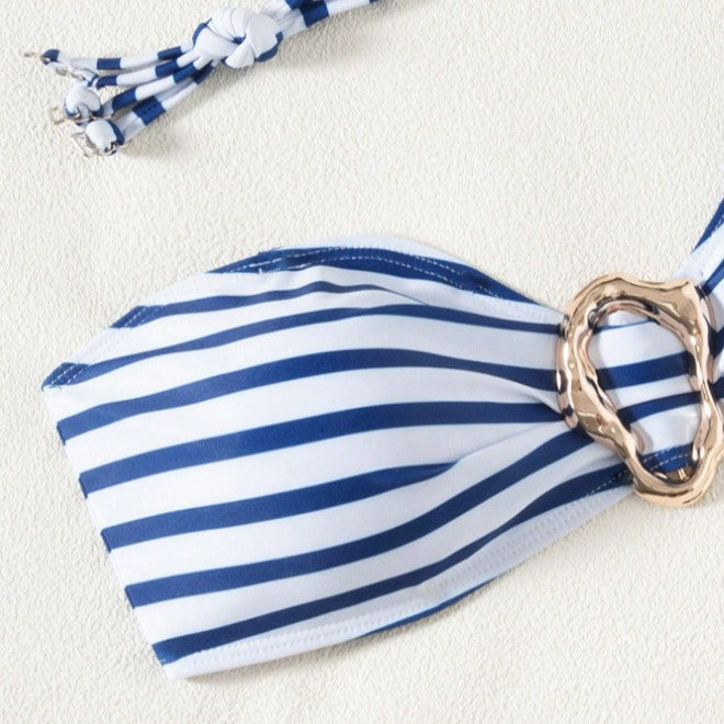 Damen Bandeau-Bikini mit modischen Streifen und elegantem Ringdetail Drune