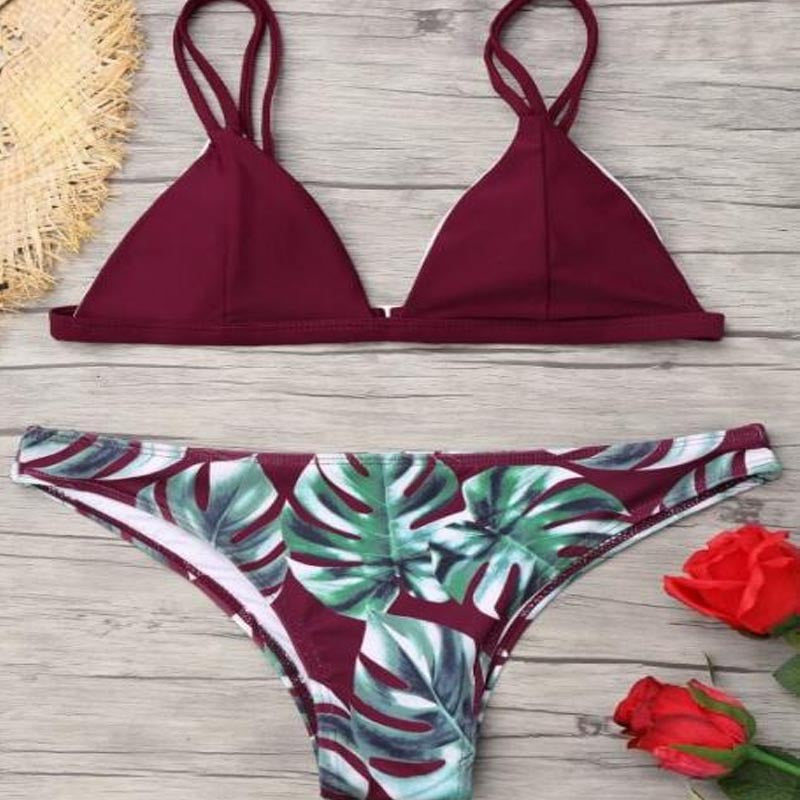 Damen Triangel-Bikini mit trendy Blattmuster Drune