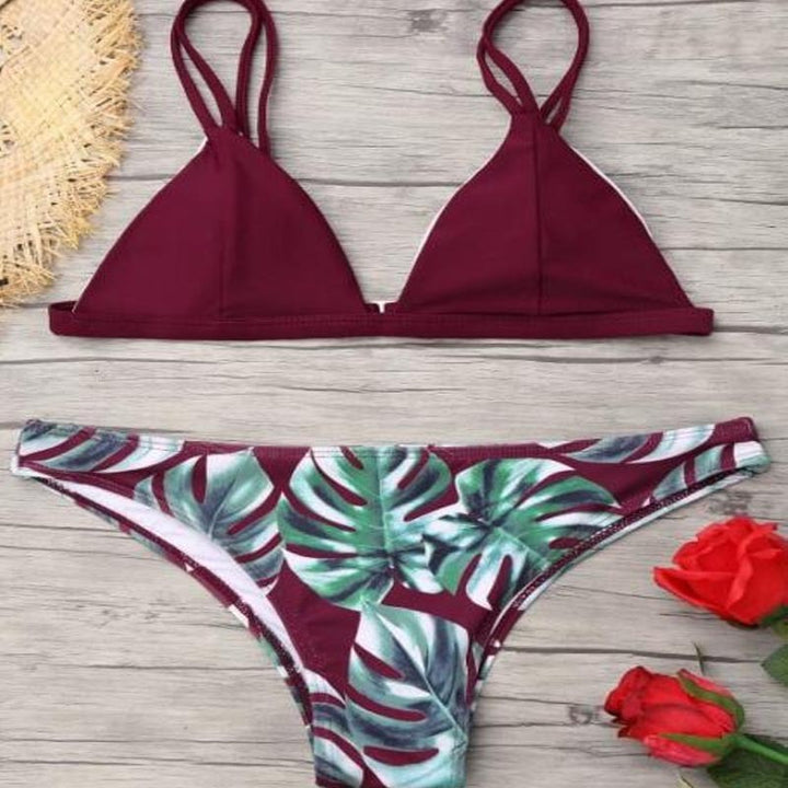 Damen Triangel-Bikini mit trendy Blattmuster Drune