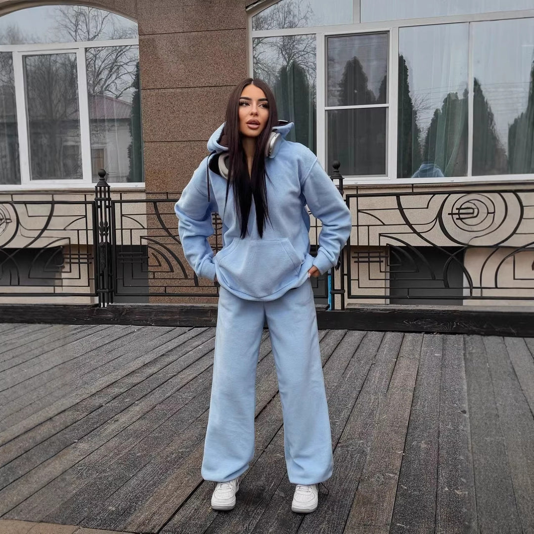 Damen kuscheliger Fleece-Jogginganzug mit hohem Kragen undKordelzug Drune