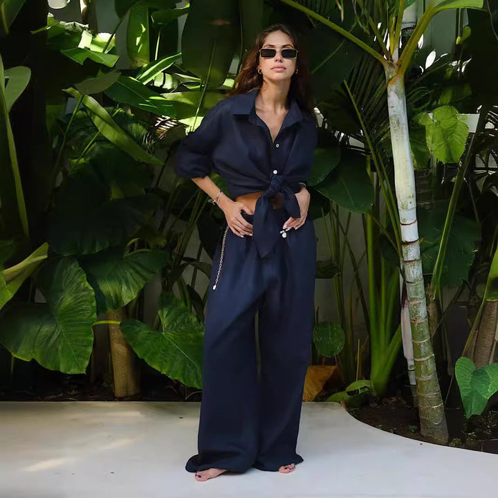 Damen Bequemes Leinen-Loungewear-Ensemble mit weiten Ärmeln und fließender Hose Drune