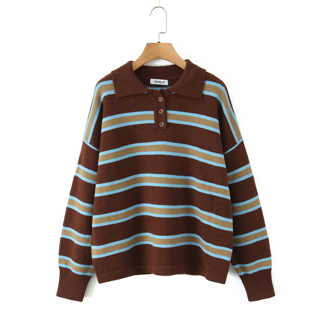 Damen modischer Polo-Pullover mit gestreiftem Design und Knopfleiste Drune