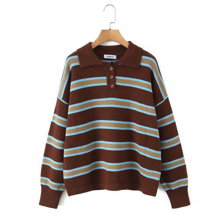 Damen modischer Polo-Pullover mit gestreiftem Design und Knopfleiste Drune
