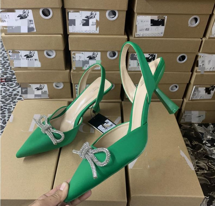 Damen nan elegante Slingback-Pumps mit spitzer Zehenkappe und funkelnder Strassschleife Drune