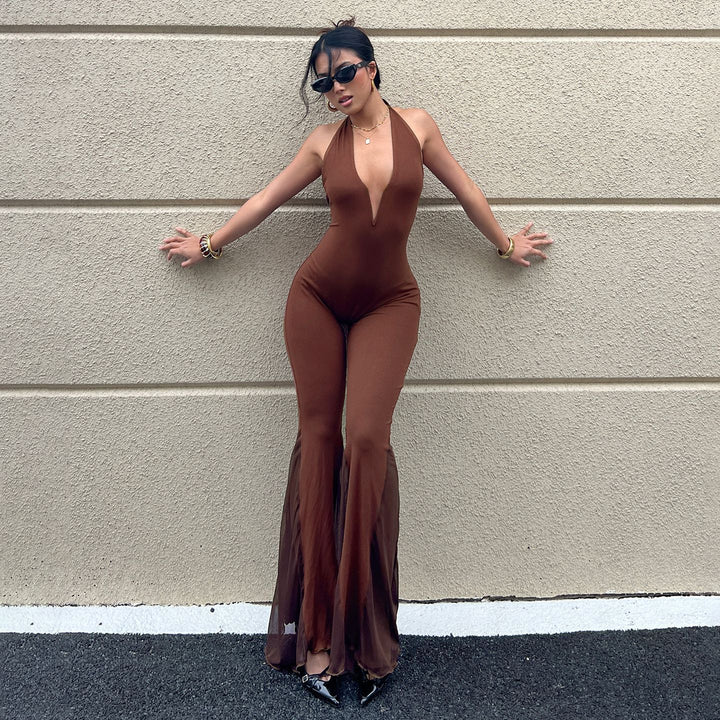 Damen Flared Jumpsuit mit tiefem V-Ausschnitt und transparenten Rüschen Drune