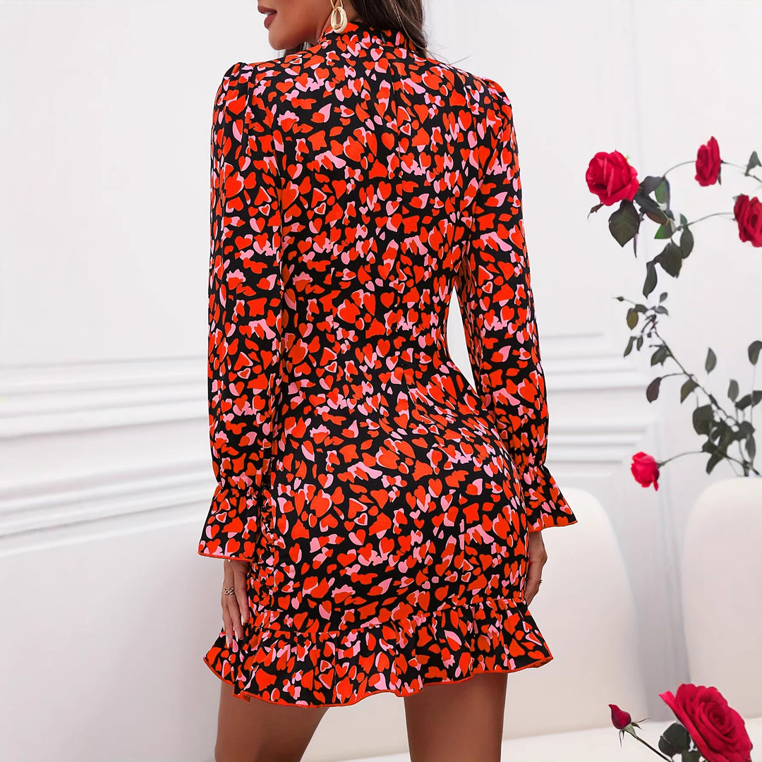 Damen elegantes Mini-Kleid mit Rüschendetails und hohem Kragen Drune