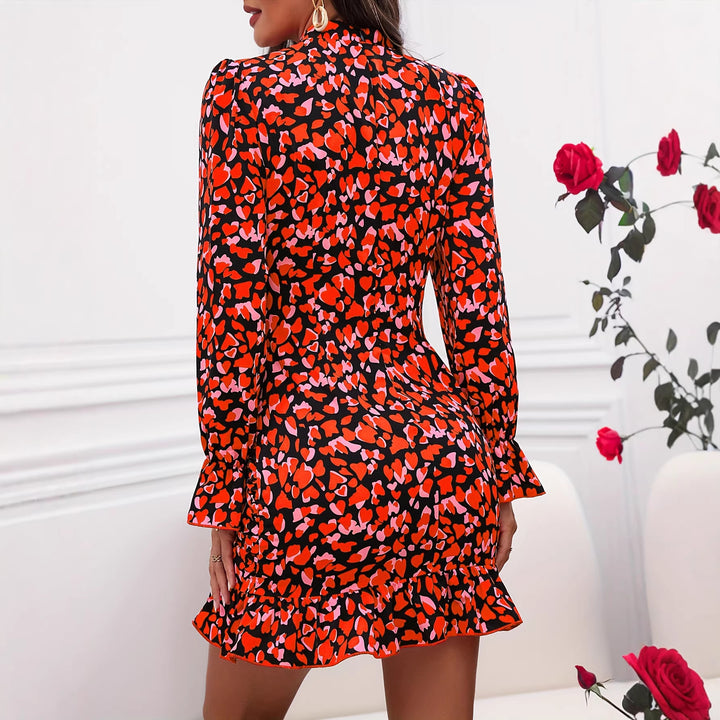 Damen elegantes Mini-Kleid mit Rüschendetails und hohem Kragen Drune