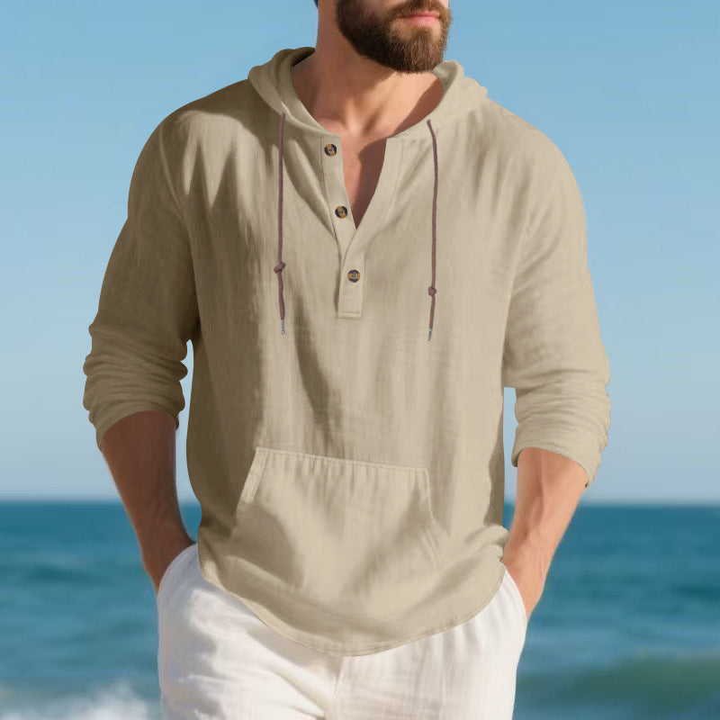 Herren nan leichtes Leinen-Henley-Kapuzenoberteil mit Kängurutasche und lässigem Relax-Fit Drune