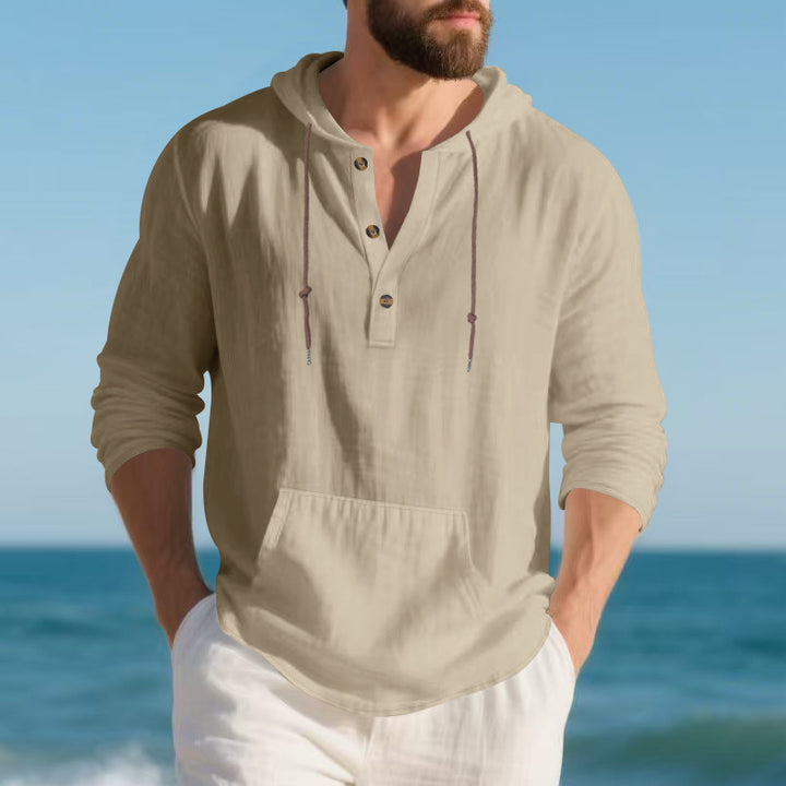 Herren nan leichtes Leinen-Henley-Kapuzenoberteil mit Kängurutasche und lässigem Relax-Fit Drune