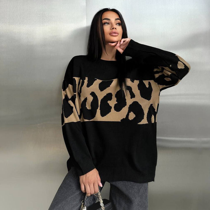 Damen Grobstrickpullover mit modischem Leopardenmuster Drune