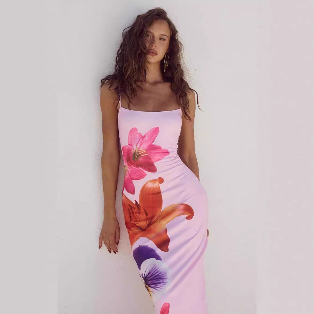 Damen Maxikleid mit raffiniertem Blumenmuster und schmalen Trägern Drune