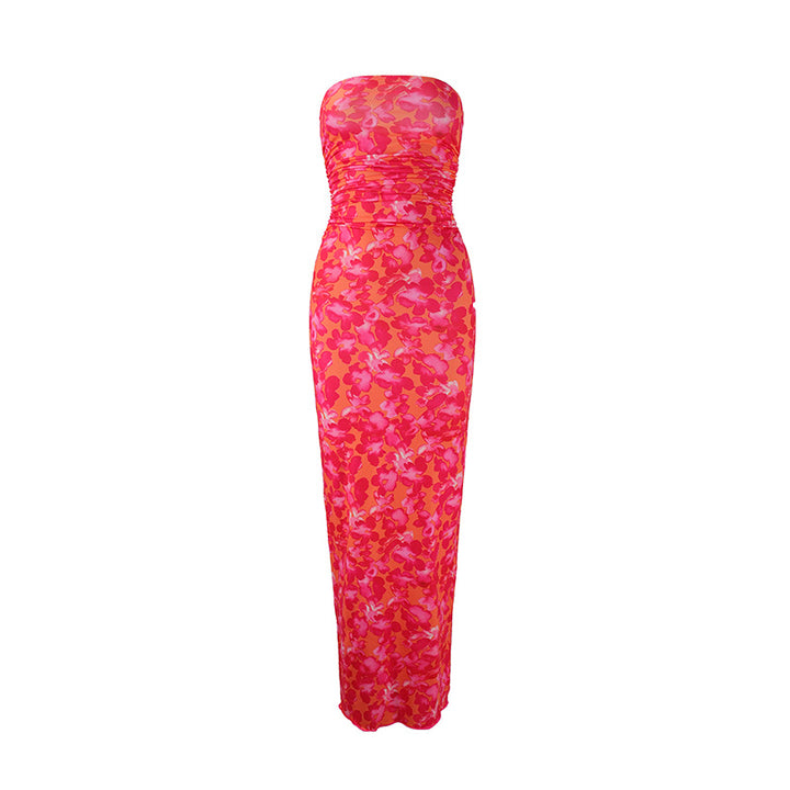 Damen elegantes, trägerloses Maxikleid mit raffiniertem Mustermix Drune