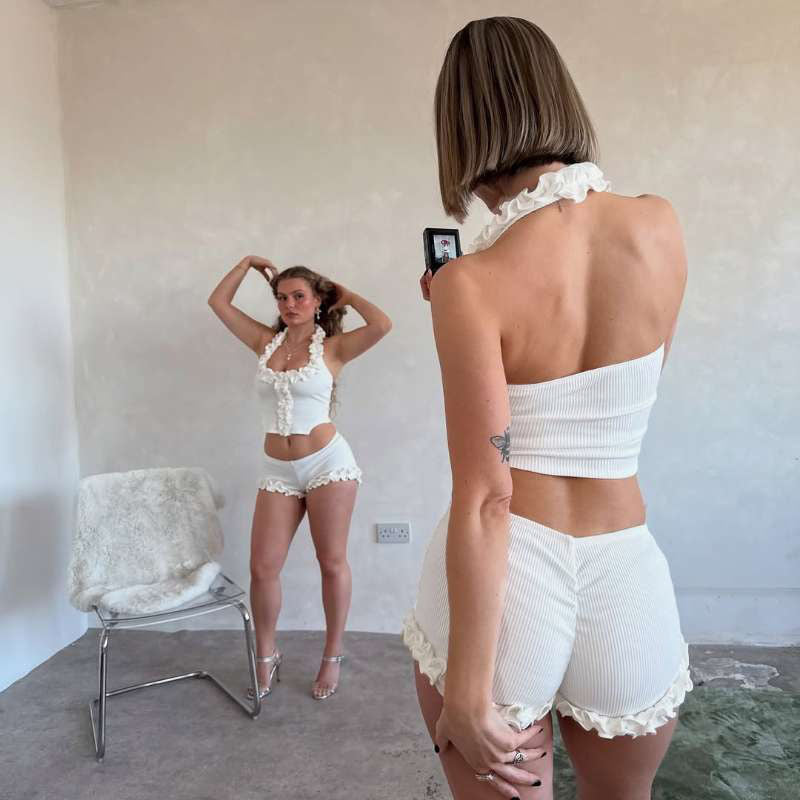 Damen Sportliches Badeanzug-Set mit raffinierten Rüschen und halben Ärmeln Drune