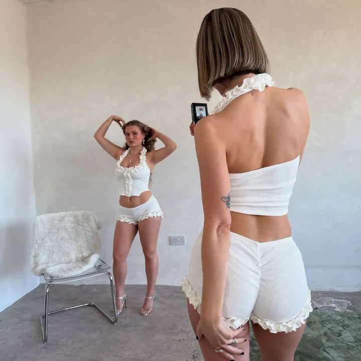 Damen Sportliches Badeanzug-Set mit raffinierten Rüschen und halben Ärmeln Drune