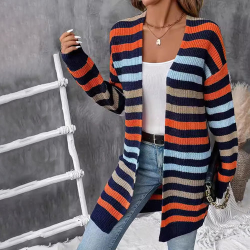 Damen Lässige Strickjacke mit farbenfrohem Streifenmuster Drune