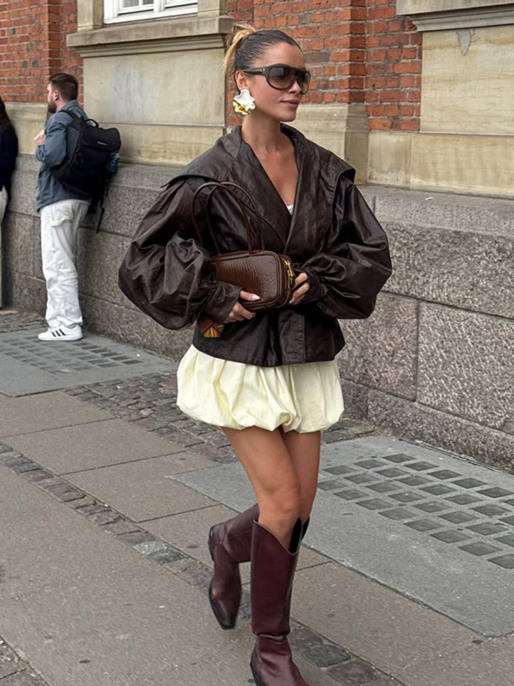 Damen Elegante Lederjacke mit voluminösen Puffärmeln Drune