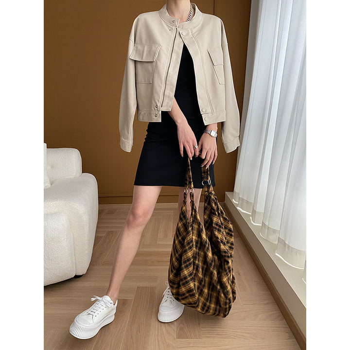 Damen modische Kunstlederjacke mit praktischen Taschen Drune