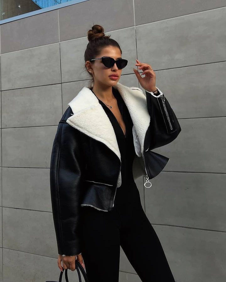 Damen trendige Kurzjacke mit flauschigem Innenfutter und Reißverschluss Drune
