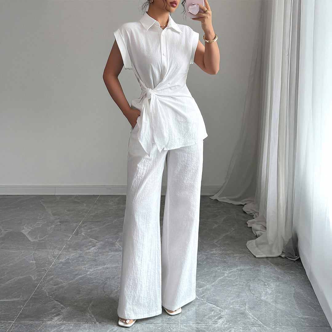 Damen elegantes Zweiteiliges Set mit taillierter Bluse und weit geschnittenen Hosen Drune