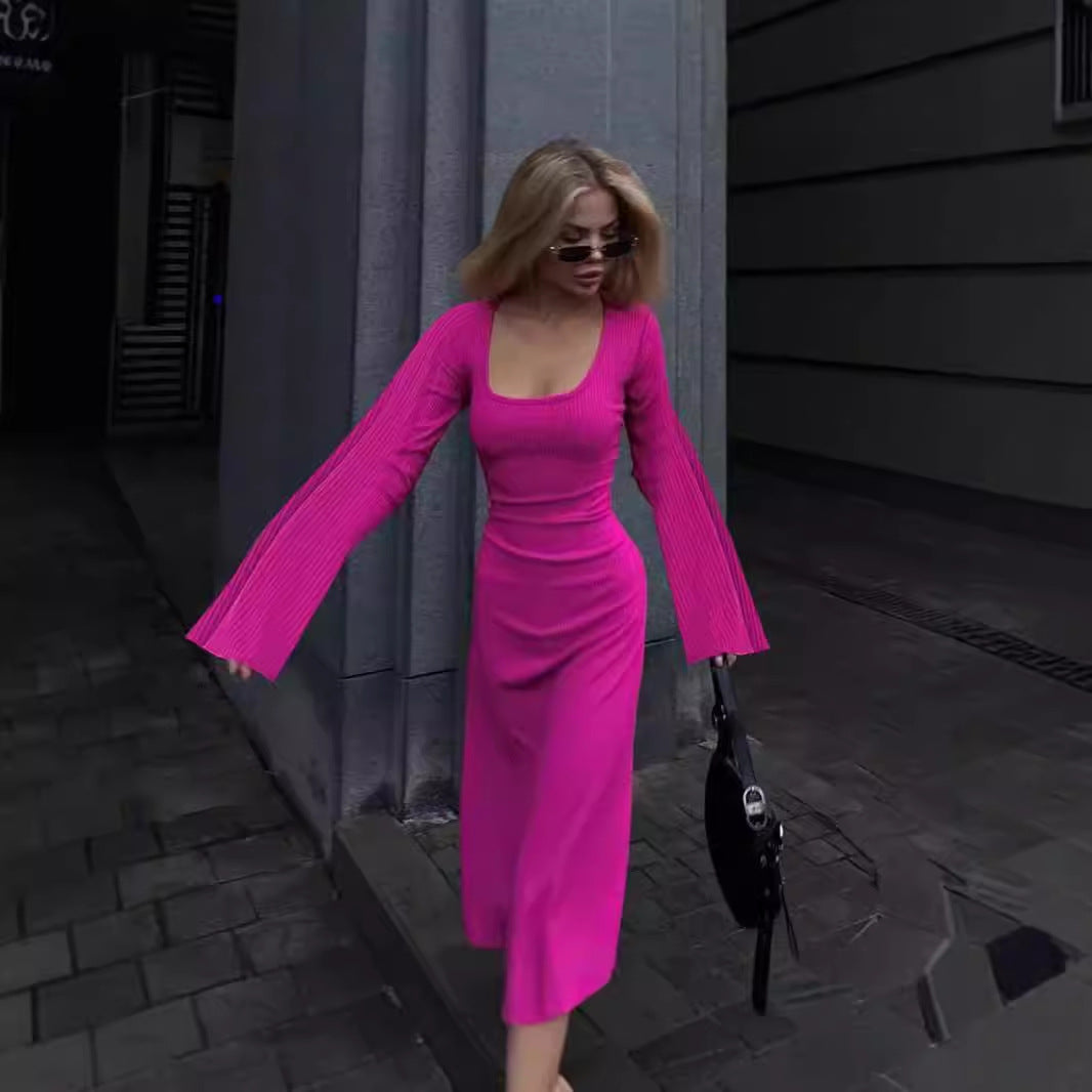 Damen Maxikleid mit langem, weitem Ärmel und elegantem Quadrat-Ausschnitt Drune
