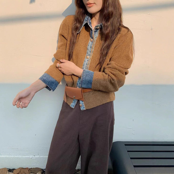 Damen modische Strickjacke mit innovativem Kragen und eleganten Knopfdetails Drune