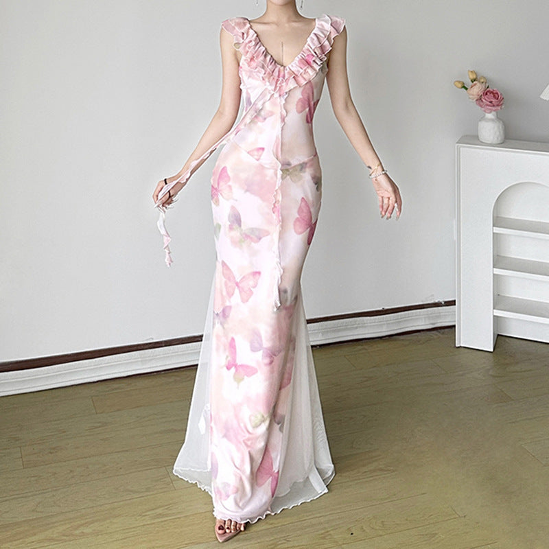 Damen Maxikleid aus transparentem Chiffon mit Rüschendetails und floralem Design Drune