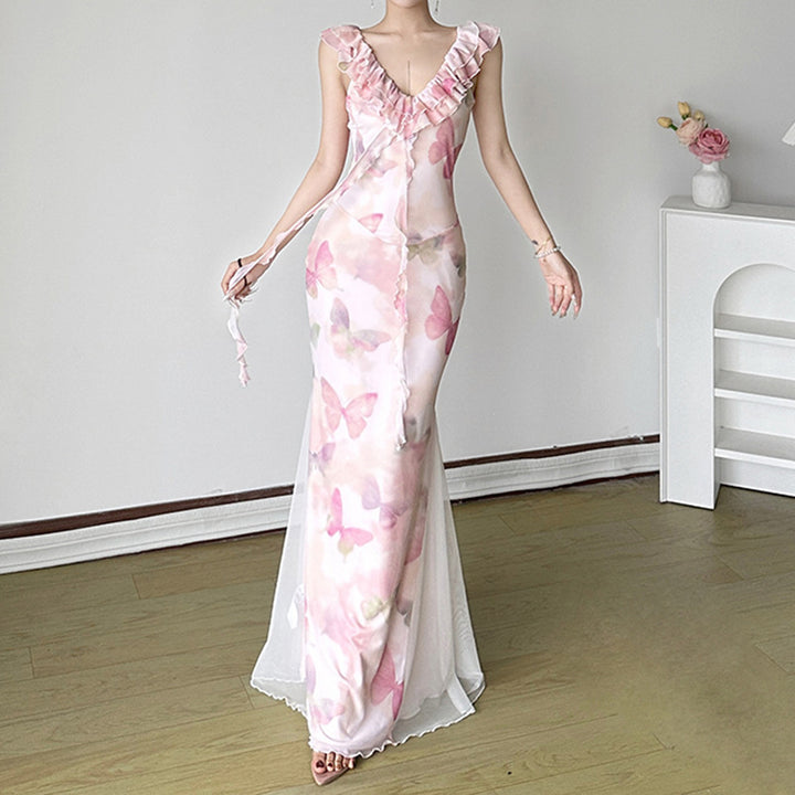 Damen Maxikleid aus transparentem Chiffon mit Rüschendetails und floralem Design Drune
