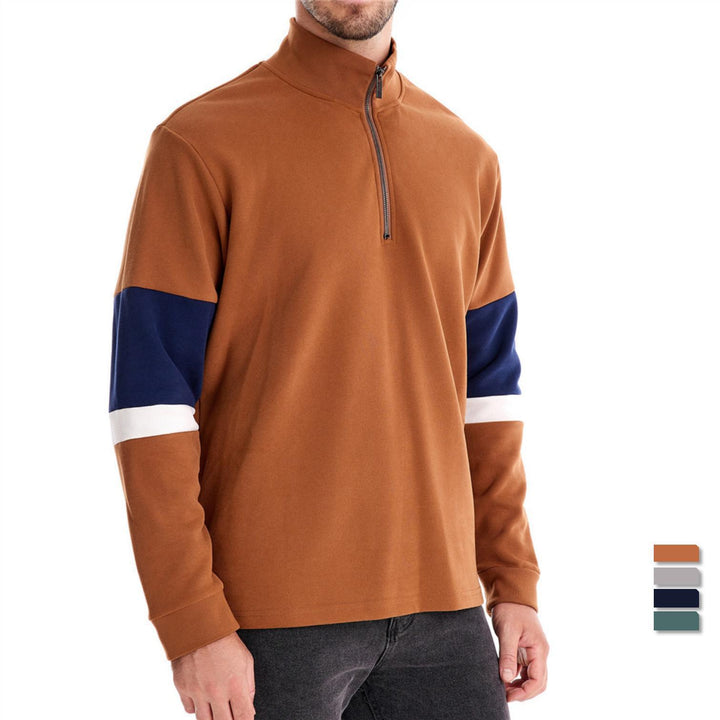 Herren nan Halbzip-Pullover mit Stehkragen, gestreiftem Krageninnenband und Kontrastärmeln Drune