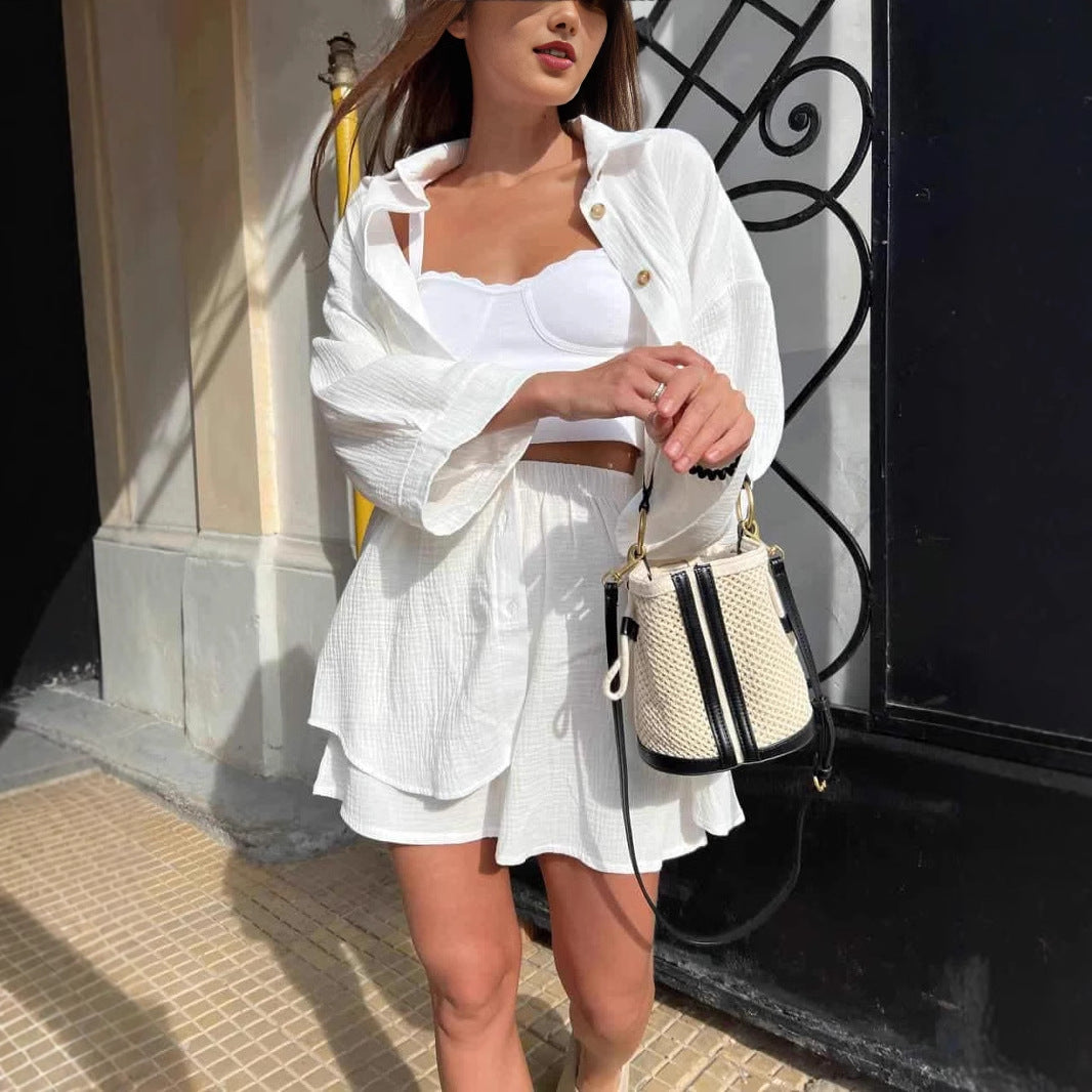 Damen nan lässiges Musselin-Zweiteiler Set mit Oversize-Hemd und elastischer Highwaist-Shorts Drune