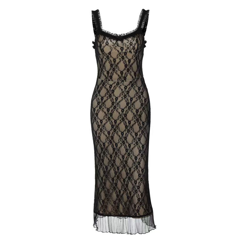 Damen Spitzenkleid mit transparentem Design und eleganten Rüschendetails Drune