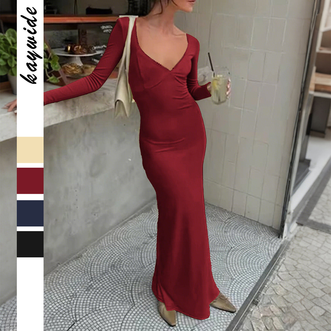 Damen nan figurbetontes Maxikleid mit herzförmigem Ausschnitt, langen Ärmeln und schmaler Meerjungfrau-Silhouette Drune