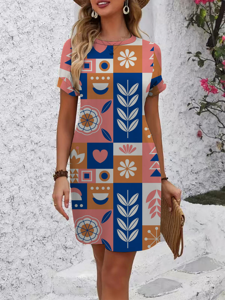 Damen lässiges Kurzarmkleid mit floralen Motiven und bequemen Schnitt Drune