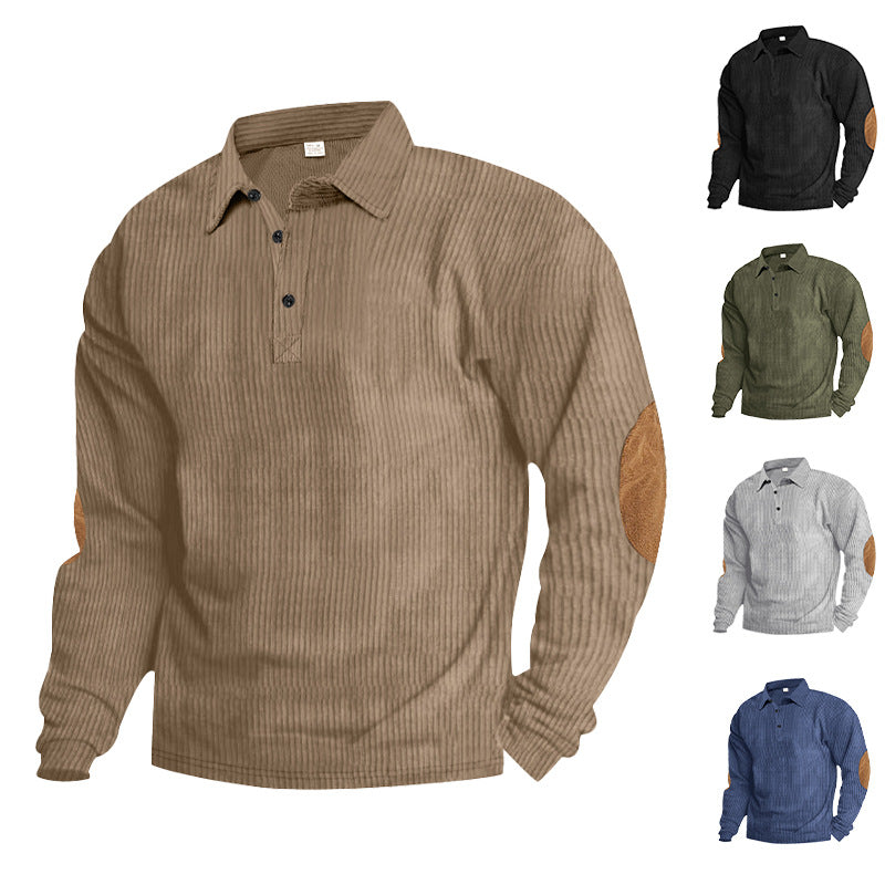 Herren lässiges Langarm-Henley-Shirt mit strukturiertem Rippenstoff und kontrastierenden Ellbogenpatches Drune