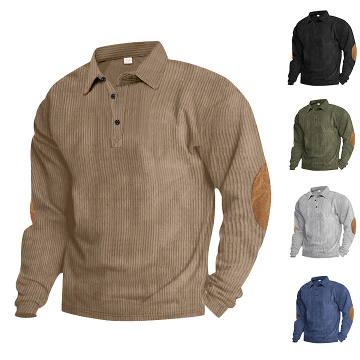Herren lässiges Langarm-Henley-Shirt mit strukturiertem Rippenstoff und kontrastierenden Ellbogenpatches Drune