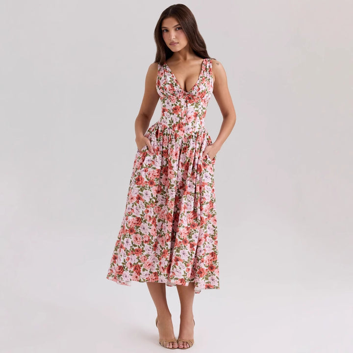 Damen Maxikleid mit floralem Design und praktischen Taschen Drune