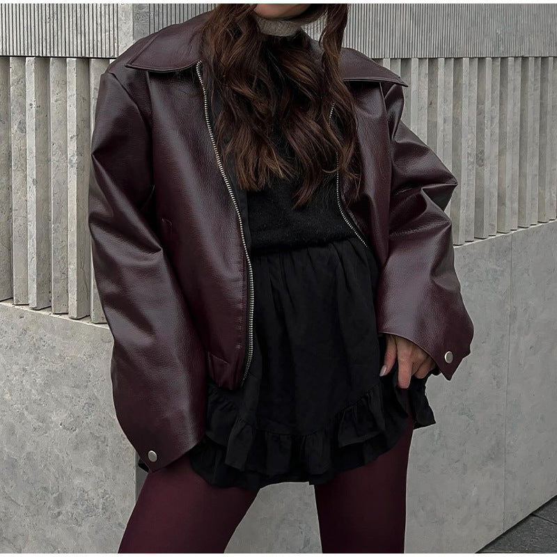 Damen modische Kunstlederjacke mit weitem Schnitt Drune