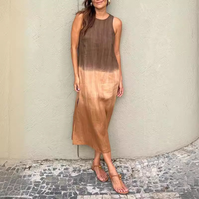 Drune | Baumwolle Leinen Ärmelloses Schlitz Gradient Kleid