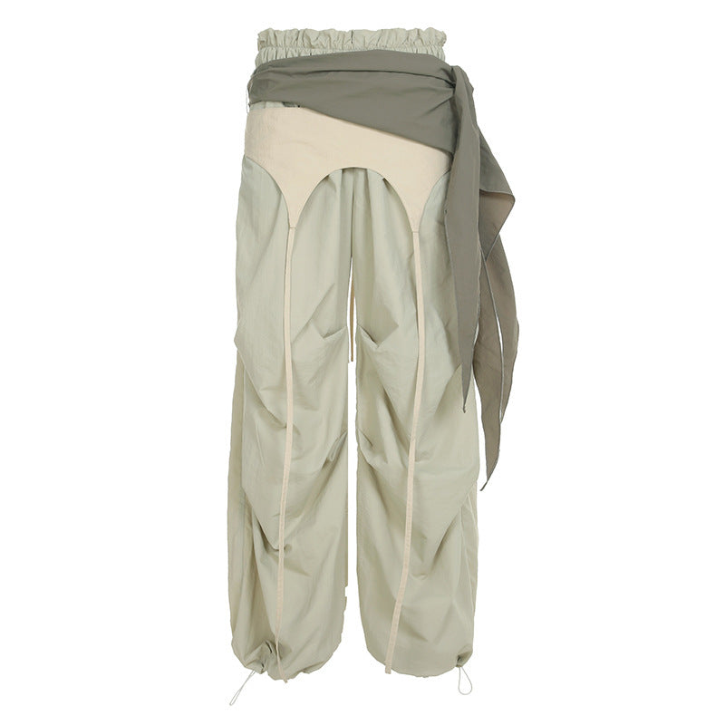 Damen modische High-Waist-Hose mit asymmetrischem Design und seitlichem Bindegurt Drune