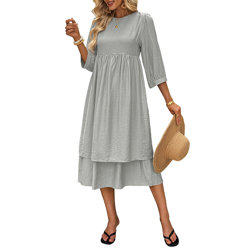 Damen lässiges Midi-Kleid mit schwingendem Rock und eleganten Puffärmeln Drune