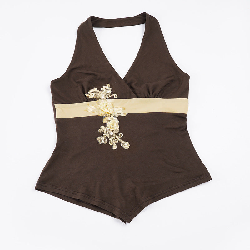 Damen eleganter Halter-Badeanzug mit luxuriösen Stickereien Drune