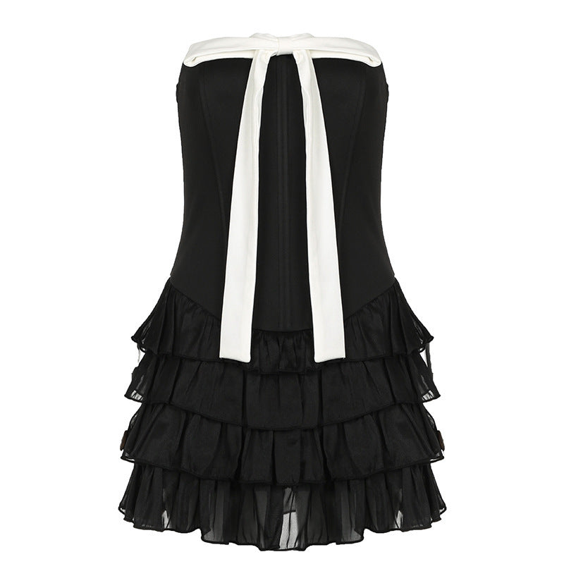 Damen elegantes Wickelkleid mit voluminösen Rüschendetails und Taillenband Drune