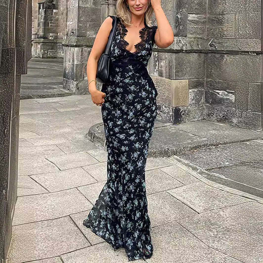 Damen Maxikleid mit floralen Spitzenakzenten Drune